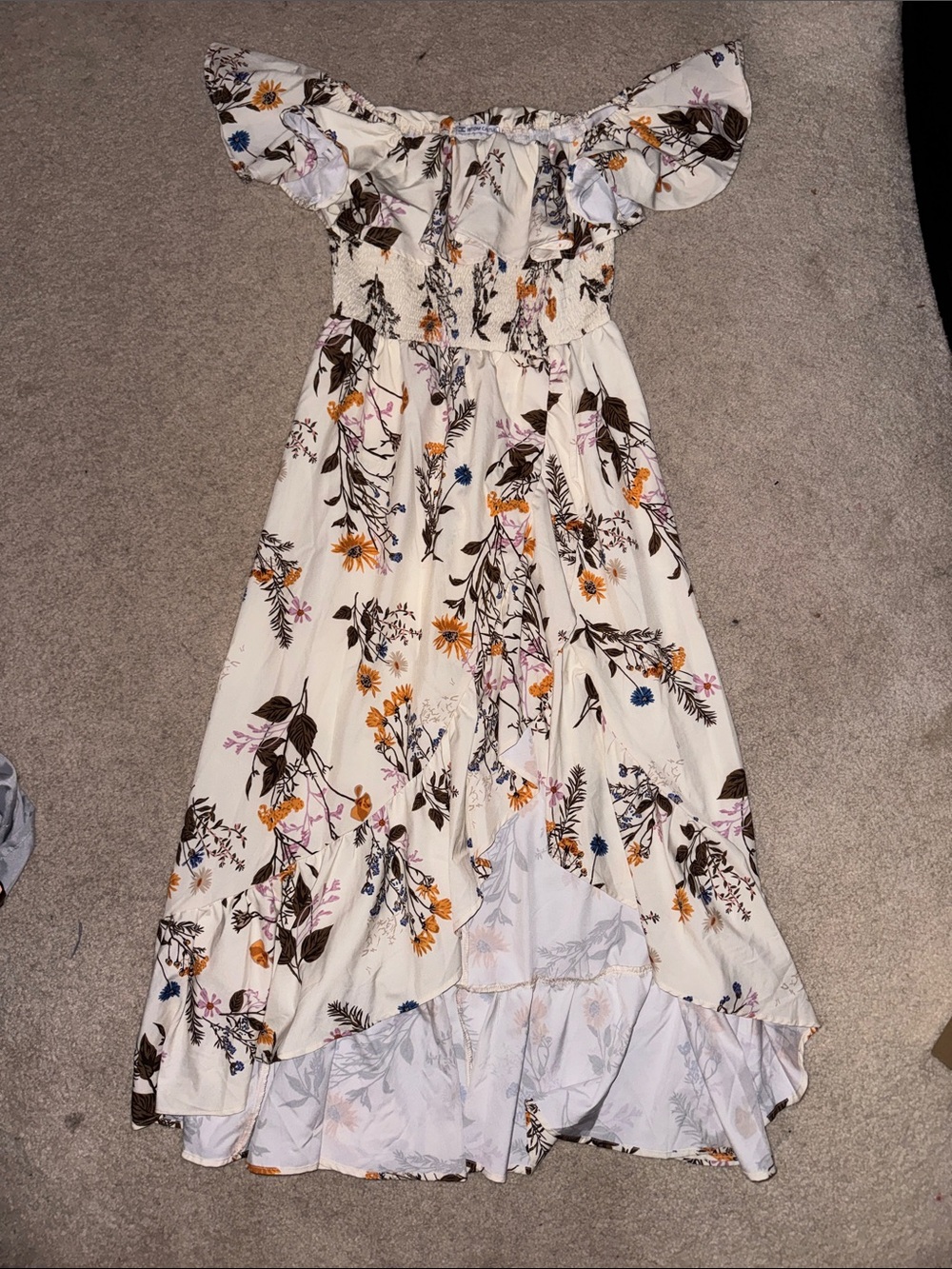 Off-Shoulder Floral Maxi Dress in Cream with Yellow & Blue Accents